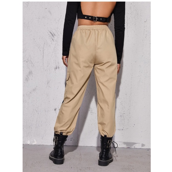 Tan Cargo Jogger Pants Black Details Pockets - Picture 2 of 6